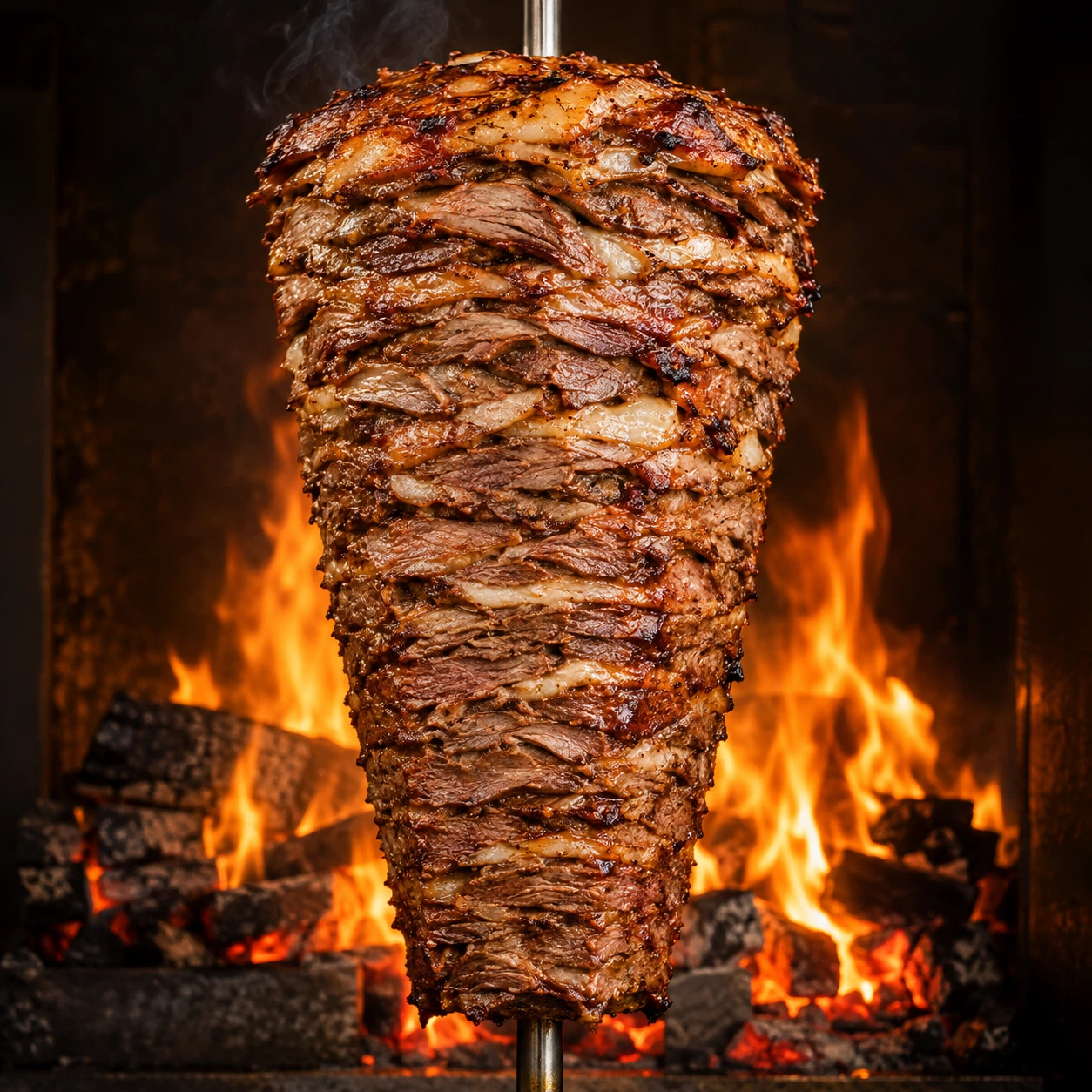 Saftiger Steak Döner am Spieß vor loderndem Feuer